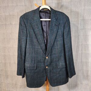 Vintage Hunter Haig $150 46R? Navy Teal Red Harris Tweed Blazer Made in USA
